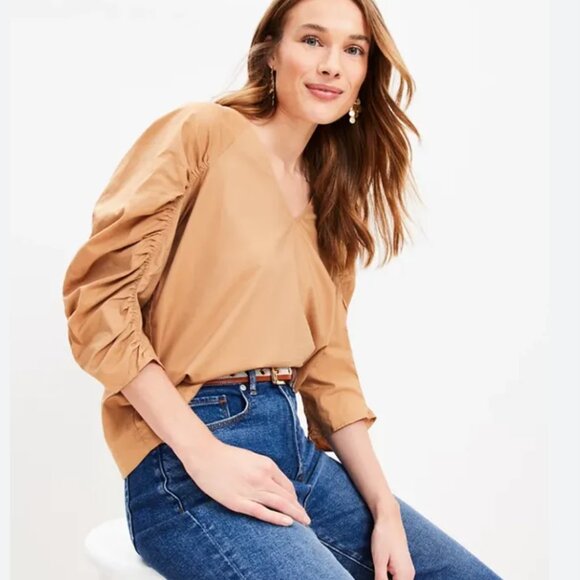 Ann Taylor Loft Cinched Sleeve V-Neck Blouse | The Summit - Picture 3 of 3